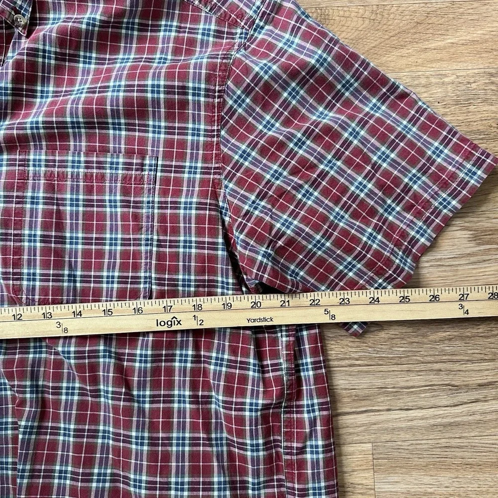 LL Bean Mens Button Down Camp Shirt Size L Red Plaid Cotton Short Sleeve Outdoor